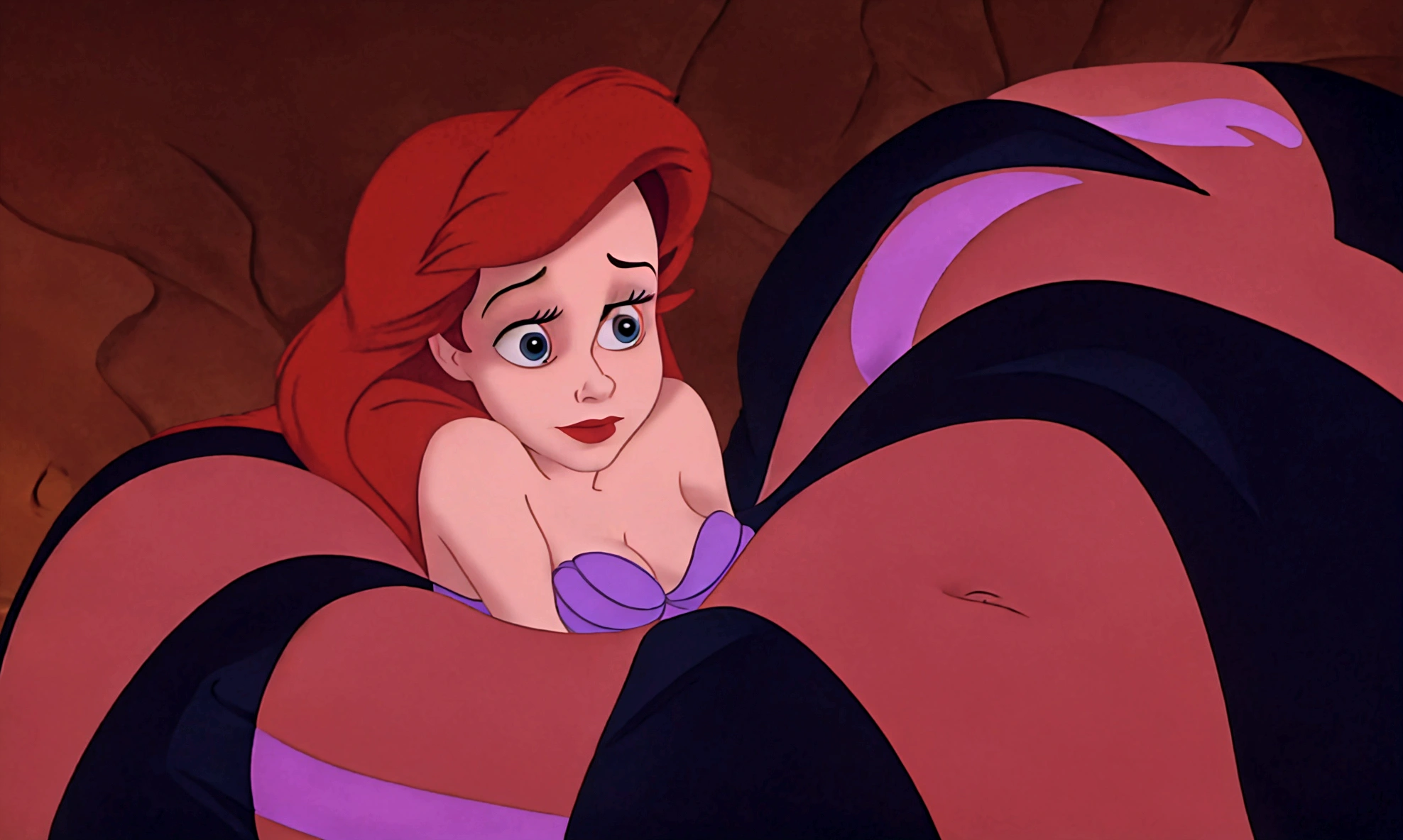 araffe is laying on a bed with a red and black blanket, ariel the little mermaid, the little mermaid, little mermaid, princess ariel, classic disney mood, disney 2d animation still, movie screencap, megara, jessica rabbit, emma watson as jessica rabbit, female disney villain, but a stern look about her, desperate pose, stained”, nighttime!
