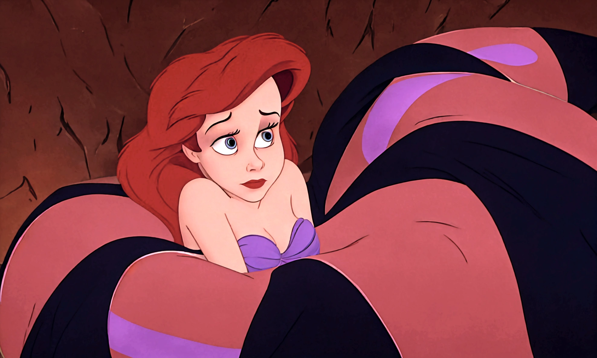 araffe is laying on a bed with a red and black blanket, ariel the little mermaid, the little mermaid, little mermaid, princess ariel, classic disney mood, disney 2d animation still, movie screencap, megara, jessica rabbit, emma watson as jessica rabbit, female disney villain, but a stern look about her, desperate pose, stained”, nighttime!