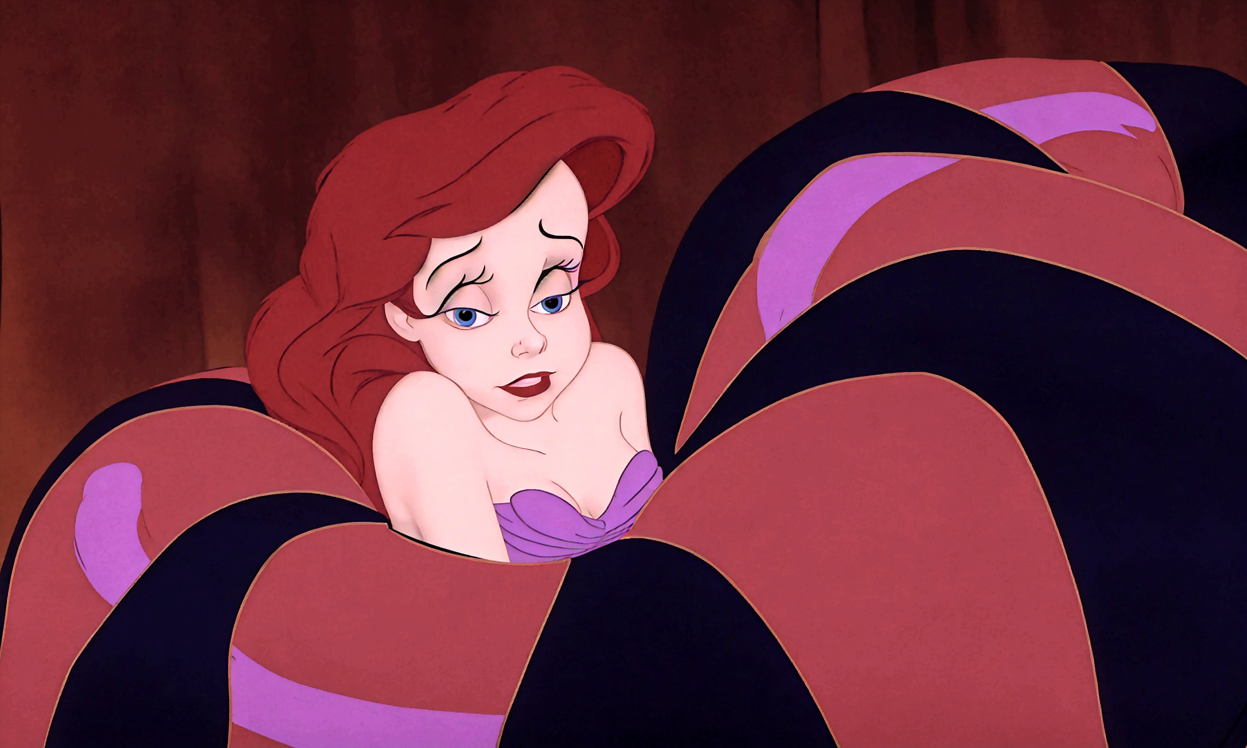 araffe is laying on a bed with a red and black blanket, ariel the little mermaid, the little mermaid, little mermaid, princess ariel, classic disney mood, disney 2d animation still, movie screencap, megara, jessica rabbit, emma watson as jessica rabbit, female disney villain, but a stern look about her, desperate pose, stained”, nighttime!