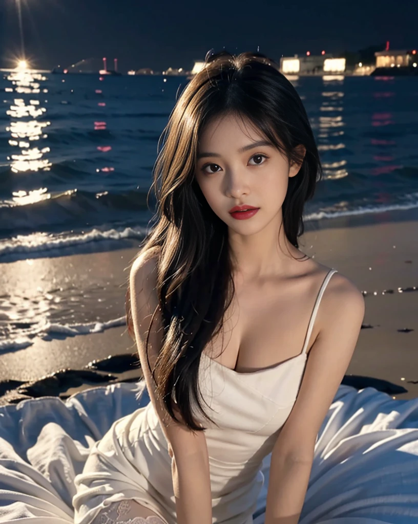 towards the camera，put a face to the viewer，stand on all fours，High image quality，works of masters，daughter，black hair，long hair shawl，long hair flowing over shoulders，cropped shoulder，clavicle，exquisite face，moist red lips，white dress，clavicle，towards the camera，Single photo，hosiery，sad expression，bust，real person，（ocean，sandy beach），CG rendering，16,000，lying in bed，Put your hands behind your head.，look into the camera，The night scenery was beautiful, farewell，hyper hd，The details were perfect，the picture is real，Extreme picture quality，Highest accuracy，8K 해상도，shade of darkness，8K, yes ,Ultra HD,8K
