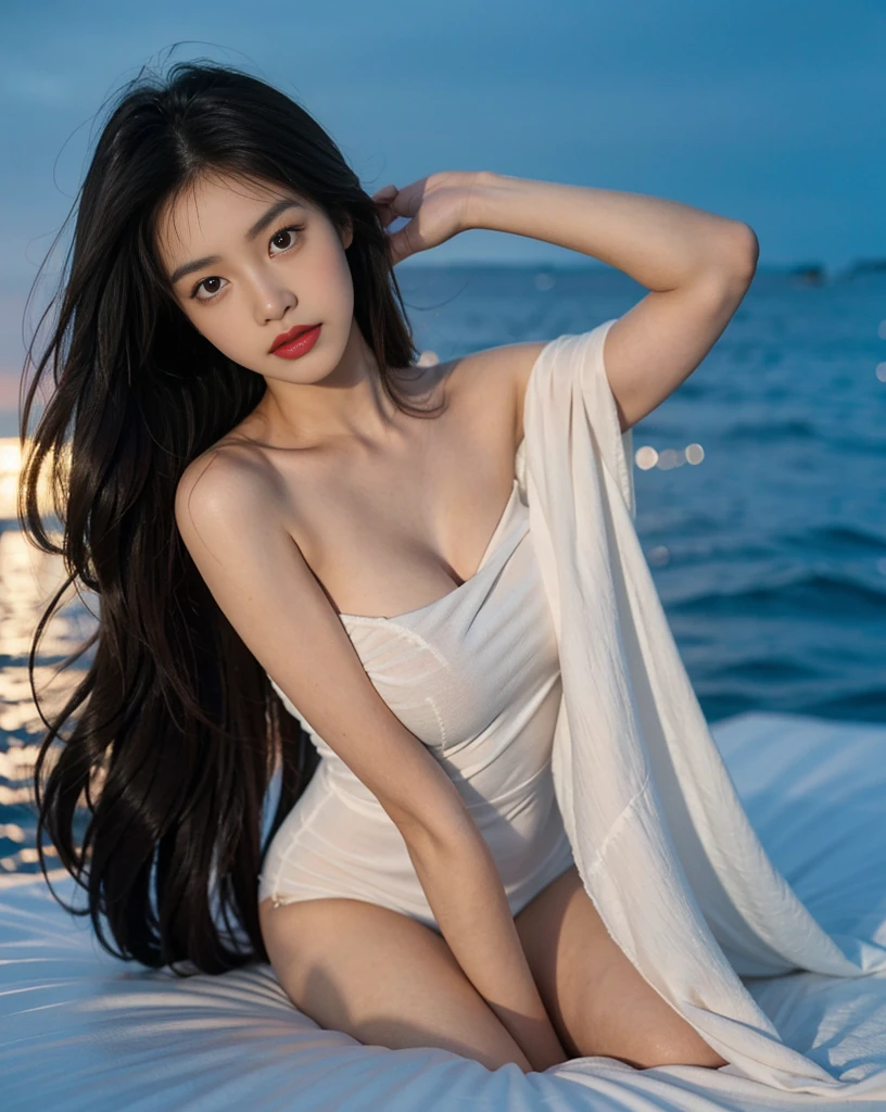 towards the camera,put a face to the viewer,stand on all fours,High image quality,works of masters,daughter,black hair,long hair shawl,long hair flowing over shoulders,cropped shoulder,clavicle,exquisite face,moist red lips,white dress,clavicle,towards the camera,Single photo,hosiery,sad expression,bust,real person,(ocean,sandy beach),CG rendering,16,000,lying in bed,Put your hands behind your head.,look into the camera,The night scenery was beautiful, farewell,hyper hd,The details were perfect,the picture is real,Extreme picture quality,Highest accuracy,8K 해상도,shade of darkness,8K, yes ,Ultra HD,8K