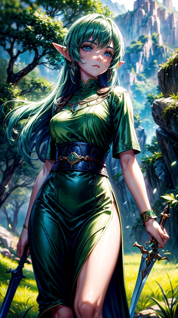 a beautiful young woman with long pointed ears, piercing blue eyes, and delicate facial features, wearing a green tunic and a brown leather belt, standing in a lush forest with towering trees, sunlight filtering through the leaves, holding a sword with a golden hilt, (best quality,4k,8k,highres,masterpiece:1.2),ultra-detailed,(realistic,photorealistic,photo-realistic:1.37),fantasy,zelda,legend of zelda,video game character,intricate details,dramatic lighting,warm color palette,cinematic composition