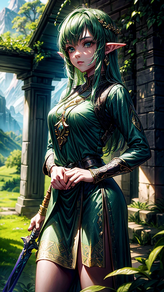 a beautiful young woman with long pointed ears, piercing blue eyes, and delicate facial features, wearing a green tunic and a brown leather belt, standing in a lush forest with towering trees, sunlight filtering through the leaves, holding a sword with a golden hilt, (best quality,4k,8k,highres,masterpiece:1.2),ultra-detailed,(realistic,photorealistic,photo-realistic:1.37),fantasy,zelda,legend of zelda,video game character,intricate details,dramatic lighting,warm color palette,cinematic composition