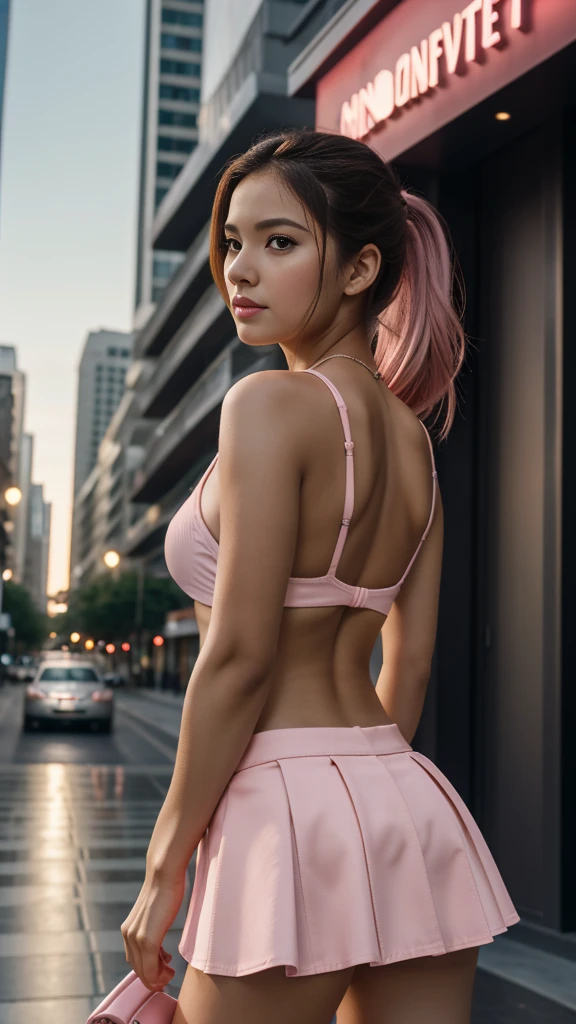 girl, 15 years, Masterpiece, Best Quality, HuTaoV4, 1 girl, Alone, blush, two tails, wide, by rubio, Free hair, ((pink mini skirt)), City, outdoor, evening, movie poster, Extremely detailed 8k, seeds, high resolution, Ultra quality, cinematic lighting, ambient occlusion, High Definition, 2K, 4k, 8k, 16k, detailed faces, perfect composition, plano general, atmospheric lighting, very sexy, lift skirt, random lower back angle, uncensored, NSFW, uncensored