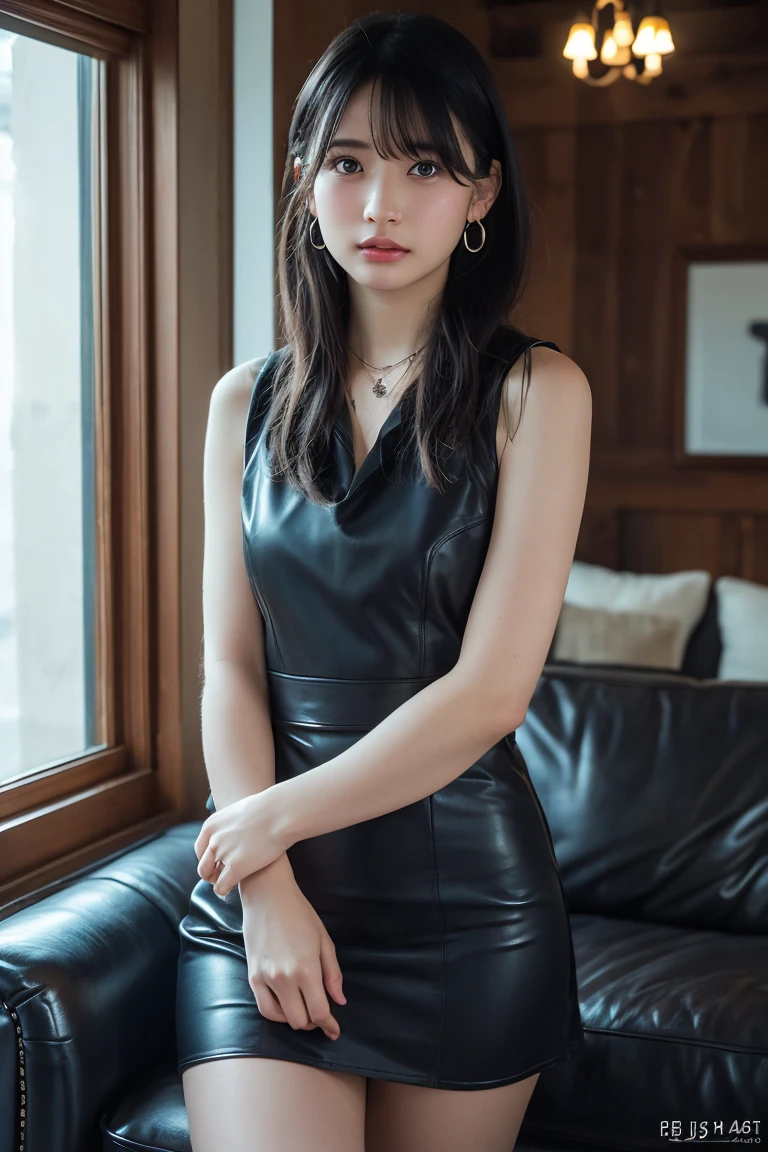 leather corset dress, leather strapless dress, bare shoulders, cleavage, high heels, knee boots ((full body)), ((from above)), ((Visible cleavage)), ((E-cup)), ((I-type Valley)), ((Warm colors)), Long-range shooting, A beautiful woman sits on a chair，Elegant posture，Slender figure。Her legs are slender and straight，Cross placement，Forming a perfect diagonal composition。Her upper body leaned back slightly，Head gently sideways，Long blond hair falls naturally，Gently brushing her shoulders。Soft colors，In stark contrast to her fair skin。The edge of the skirt ripples gently，As if swaying in the breeze。Her eyes were gentle，There is a faint smile on the lips。A sunny room in the background，The sunlight coming in through the window casts soft shadows on her face and body.，The whole picture looks very harmonious and beautiful