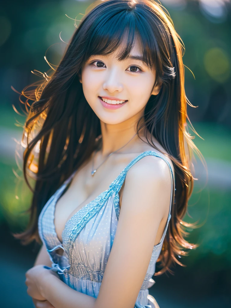 A very cute face like an idol、One 20-year-old woman with a youthful appearance、Smile a little、(Cleavage)、((Beautiful starry sky at night))、(((Textured skd, front lightindg, F/1.0mm, fujifilm G FUX50R, In Reg)))、((Very dark))、((Drawn angle of view))、RAW Photos、Genuine、live-action、(Artistic Expression)、High resolution、masterpiece