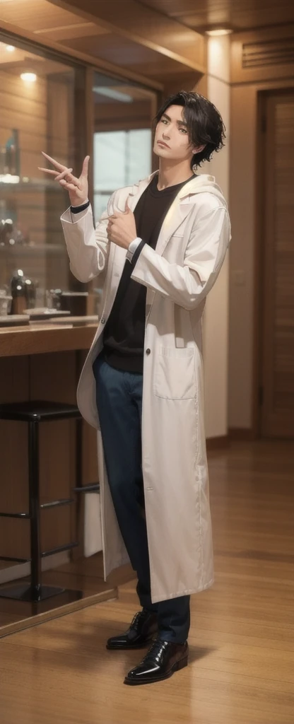 (photorealistic:1.2), (high detail face:1.3), (high detail hands:1.3), (anatomically correct hands:1.2),(leather shoes), handsome young asian man, Japanese idol style, short clean-cut hair, ((center part)), white lab coat, black hoodie underneath, calm confident expression, (holding a product in one hand:1.2), (pointing with index finger of other hand:1.2), explaining pose, plain white background, portrait, high quality, detailed, 8K, (realistic skin texture:1.2), (sharp focus:1.1)