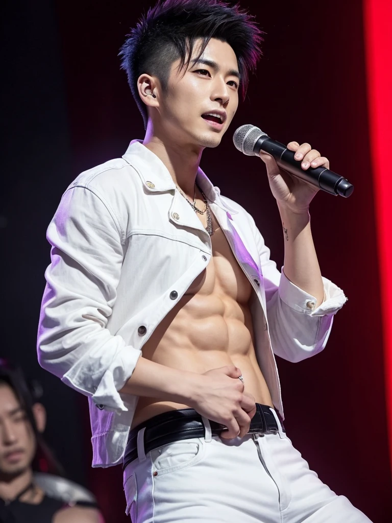 35-year-old Chinese-Japanese man, Idol and singer of a musical group a Rockstar, with short hair shaved on the sides defined abs, Cold look, similar to sid vicious