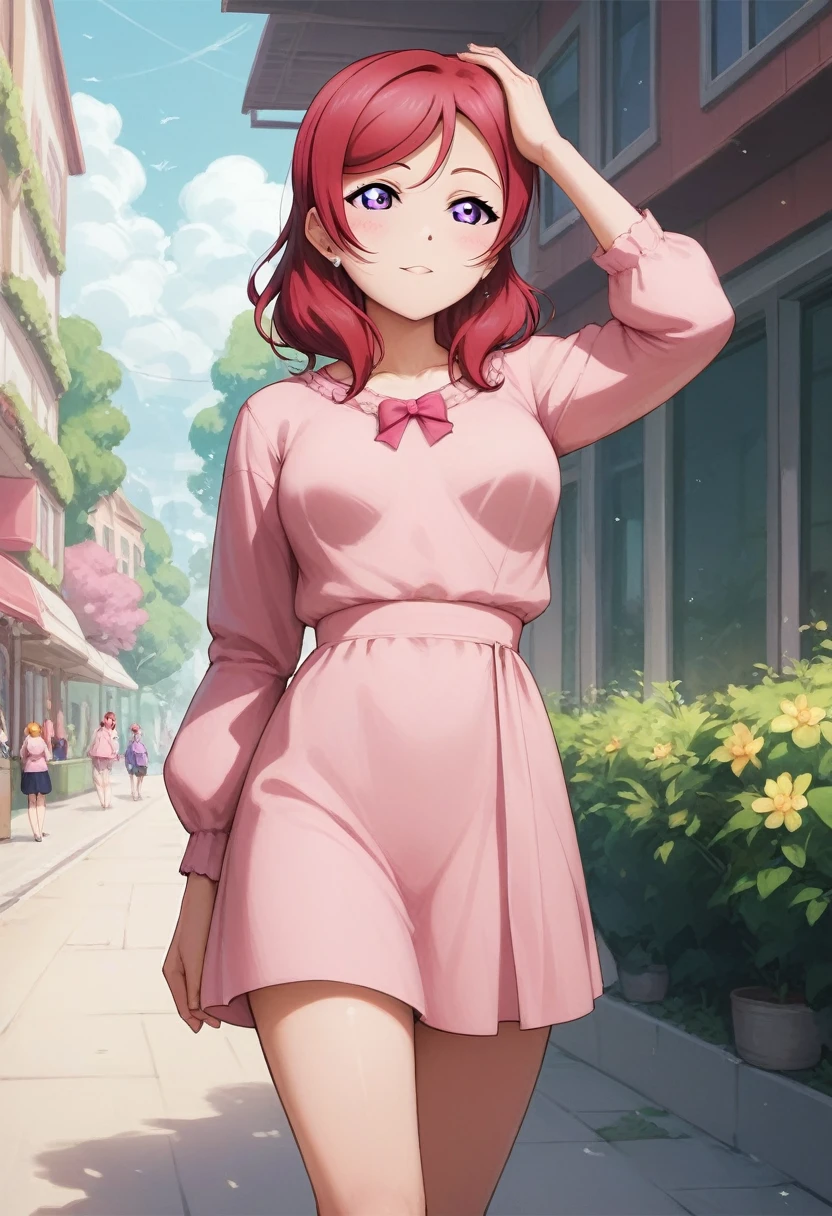 masterpiece, best quality, highres, nishikino maki,purple eyes,red hair, sexy, pink summer dress,llchar,love live, breasts apart , walking, thighs,long sleeves , one hand on head 