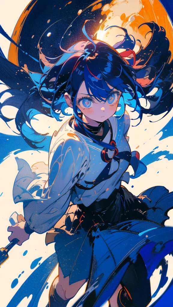 Blue-haired long hair,Design clothing,Seven-doppelganger shot,Anime style 4K,Anime girl with shortcut hair,High quality anime art style,Standing painting,Splash ink background,Blue Themes、Pure white background,Buildings,Face close-up,Buildings,Moon and sun、Long legs、短い髪
