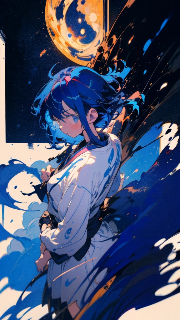 Blue-haired long hair,Design clothing,Seven-doppelganger shot,Anime style 4K,Anime girl with shortcut hair,High quality anime art style,Standing painting,Splash ink background,Blue Themes、Pure white background,Buildings,Face close-up,Buildings,Moon and sun、Long legs、短い髪