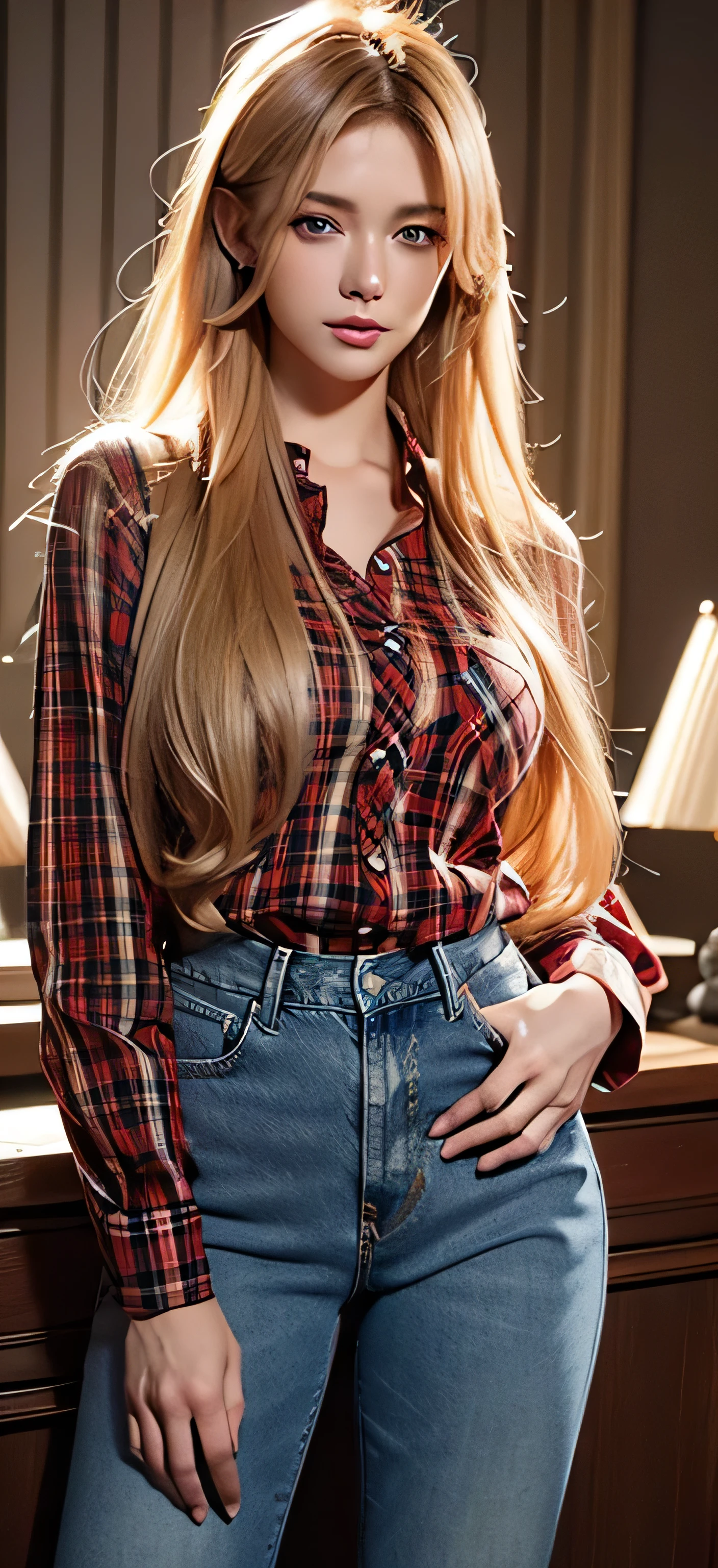 blue eyes、blonde、Ultra-long、Full body photo、Sexy Face、 A look of complete lust、(((masterpiece)))、((Highest quality))、((超Realistic))、Mature Woman、Mature Woman、perspective、Very detailed、The perfect temptation、Best image quality、Fine-grained image quality、beautiful、jewelry, blue eyes, Realistic, High resolution, Glowing Skin, (Detailed face)、Red flannel shirt、Levi's jeans