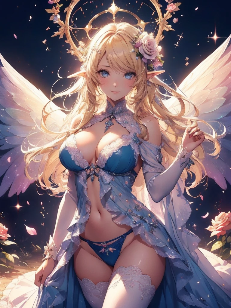 最high quality、1 beautiful woman,elf ((cowboy shot ))、View from the front、美しい虹Farbeに輝く翼、Big angel wings、Wet、Beautiful groin、detailed groin、、Blushing、親しいsmile、Ecstasy、Beautiful thighs、Filled with roses、Lots of roses、Floral Throne、 A magnificent fairy world、flower fractal fine art、Fill the screen with flowers、Bigger on the screen、Beautiful Eyes、、Fairy tale、Märchen Beautiful Eyes,High-definition depiction, Realistic, 8K, Unity, , light smile, Beautifully and vividly drawn, , Beautiful, beautiful, clear skin、sexly see-through  bodystocking ,sexly 、Ecstasy、 Raise your arms behind your head,  Romanticism,mosquito。 The most beautiful form of chaos, Mr..々Farbe, Intertwined flowers, P article,Magical gentle light,smile,sexy,image quality、masterpiece、Beautiful Face、Super beautiful woman((Big breasted 22 year old office lady、Bust 100,Beautiful long ironed hair、Blonde Hair、height: 165cm。、sexy、Esbian、high quality、、Visual Arts、最high quality、1 woman NP: Worst quality ,Flower fractal art、、Beautiful radiance,High-definition depiction, Realistic, 8K, Unity, , light smile, Beautifully and vividly drawn, , Beautiful, beautiful, clear skin、sexly ((、see-through underwear,))Countless rays of light pouring down, Swirling Light, , Raise one arm above your head, Intense light is emitted from the magic flower circle  front of the girl. Romanticism,: The most beautiful form of chaos, Mr..々Farbe, Intertwined flowers, Particle,magical gentle light,smile,sexly,image quality、masterpiece、Beautiful Face、Super beautiful elf woman((Big breasted ,Beautiful 、sexly、Esbian、、high quality、Visual art、Written boundary depth、、elf Ears、、universe、Happy smile、、、elegant、ticker beautiful decorative、、magic、、Beautiful bed、A kind smile、wonderful、Fluttering petals、、Cultivate fantasy、、Mystery light　Lots of flowers、、art、art,mystery,Ultra-high resolution,atmosphere 最high quality、