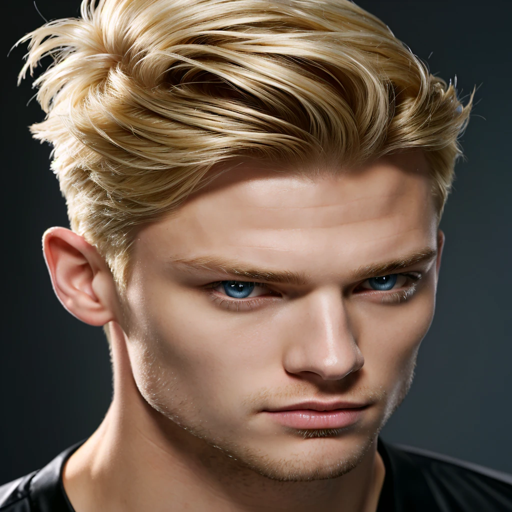 blond haired man with blue eyes and a mohawked coiffure, long blonde hair combed back, blonde and attractive features, elegant blonde hair, blonde hair spiked with gel, blond man, blonde british man, Excellent _ coiffure, blonde hair and blue eyes, short hair with gel, cara loiro, short hair on top of the head, Clean blonde hair, beautiful male face