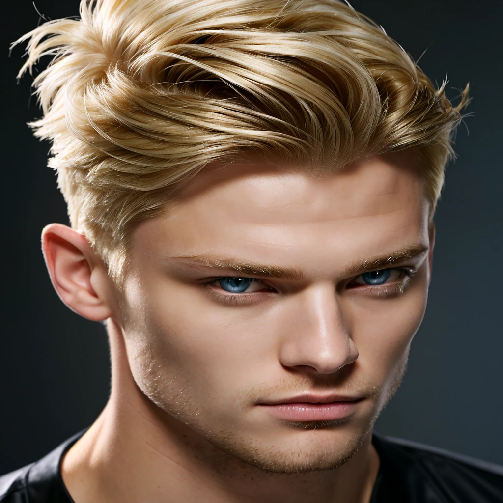 blond haired man with blue eyes and a mohawked coiffure, long blonde hair combed back, blonde and attractive features, elegant blonde hair, blonde hair spiked with gel, blond man, blonde british man, Excellent _ coiffure, blonde hair and blue eyes, short hair with gel, cara loiro, short hair on top of the head, Clean blonde hair, beautiful male face