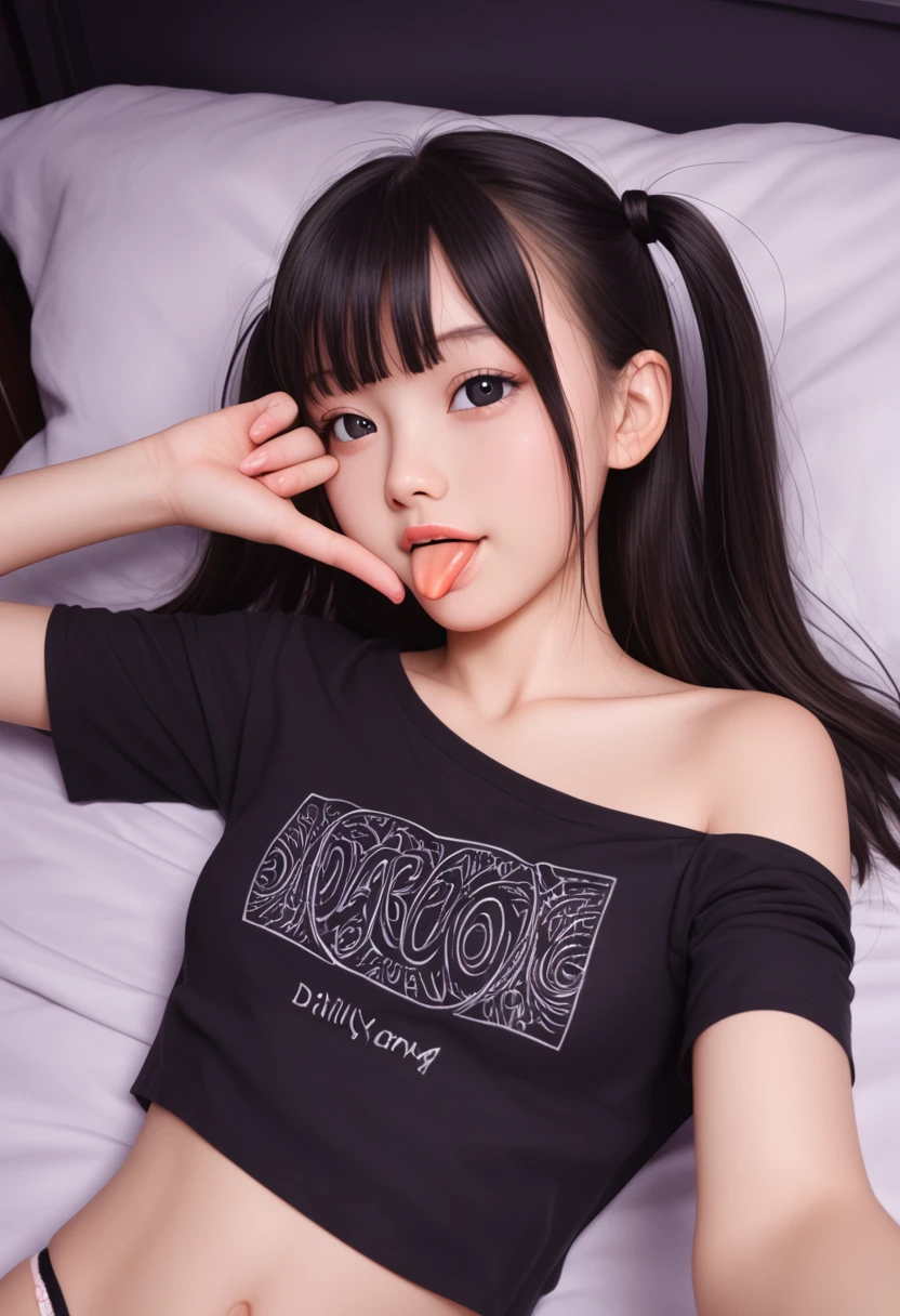 ollarbone,pastel colors t-shirt,off-shoulder look,bare shoulder,midriff peek,string panties,open mouth,(tongue out:2),lying,Selfie,looking ahead,from above,front view,upper body,(1girl,Beautiful 14 year old girl),((Slender,Small breasts,Small face,)),(looking at viewer),Black Hair,bangs,two side up,Beautiful and detailed,(Dimly lit room:1.5),Simple Background,bed,pillow,best quality,Brilliant Quality