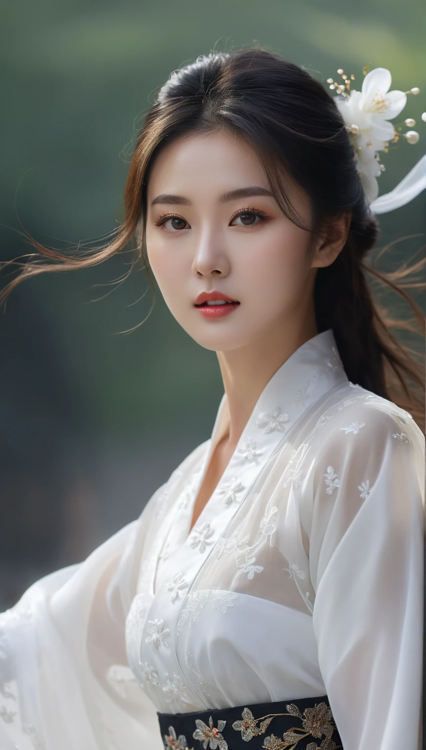 beautiful Korean woman, (((Mikamaria))), (motion blur:1.3), abnormally stunning beautiful face, black and white close-up,woman in intricate pure white hanbok dress, Flying in the air like a Chinese movie ,spinning frantically, translucent tingling air particles on dress hem, in ancient china, professional fashion photography,UHD, 4k, 8k