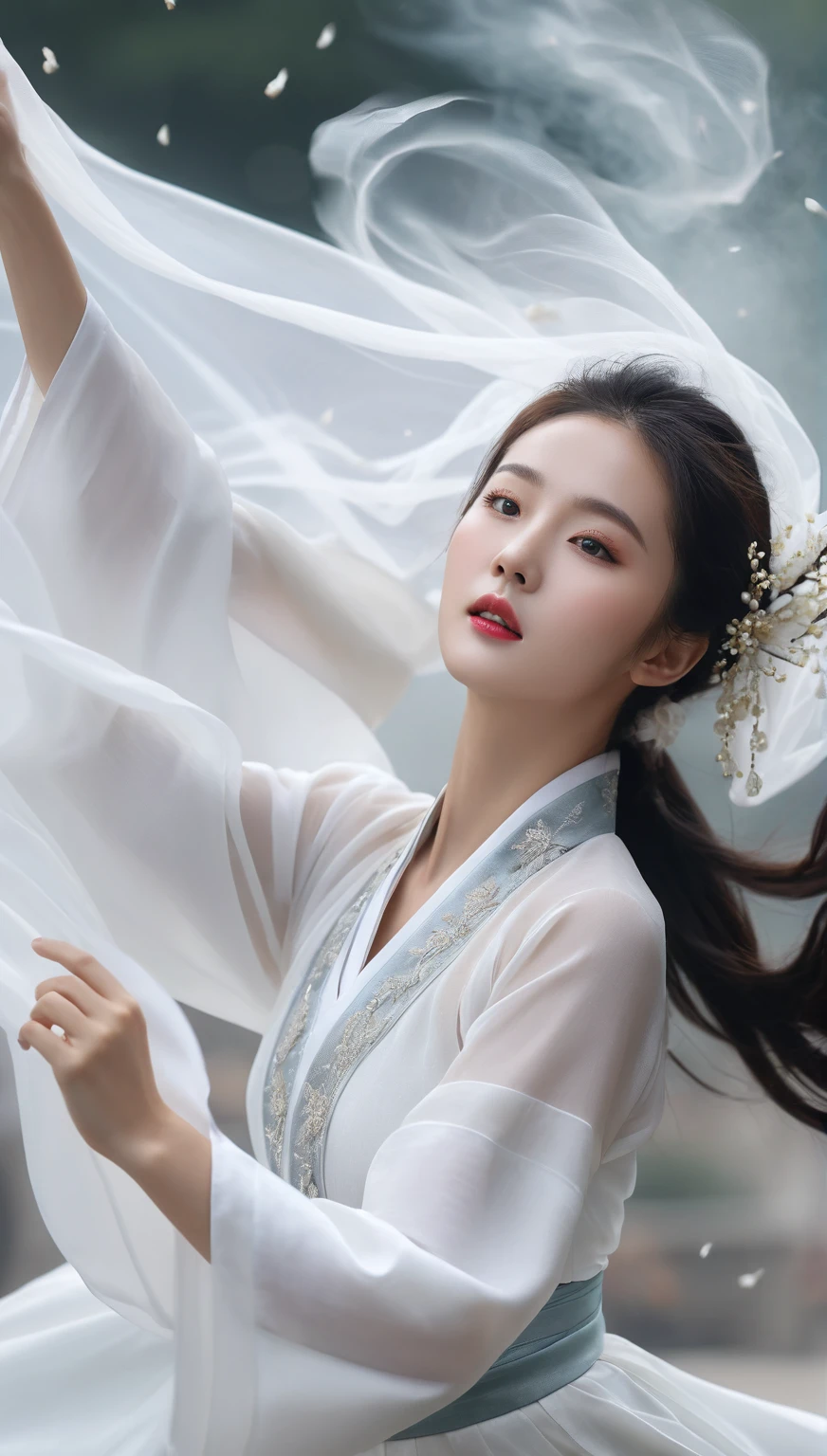 beautiful Korean woman, (((Mikamaria))), (motion blur:1.3), abnormally stunning beautiful face, black and white close-up,woman in intricate pure white hanbok dress, Flying in the air like a Chinese movie ,spinning frantically, translucent tingling air particles on dress hem, in ancient china, professional fashion photography,UHD, 4k, 8k