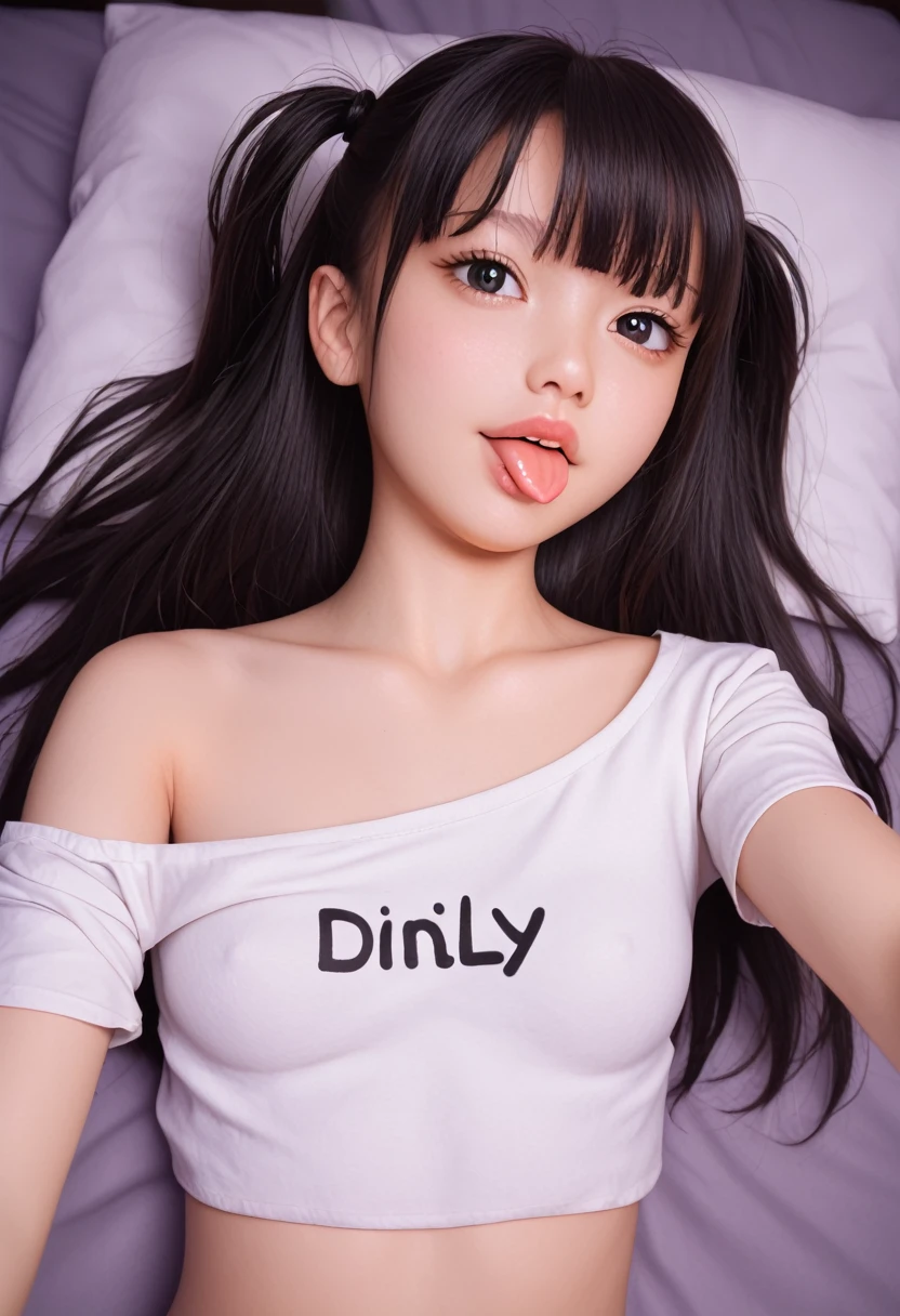 ollarbone,pastel colors t-shirt,off-shoulder look,bare shoulder,midriff peek,string panties,open mouth,(tongue out:2),lying,Selfie,looking ahead,from above,front view,upper body,(1girl,Beautiful 14 year old girl),((Slender,Small breasts,Small face,)),(looking at viewer),Black Hair,bangs,two side up,Beautiful and detailed,(Dimly lit room:1.5),Simple Background,bed,pillow,best quality,Brilliant Quality