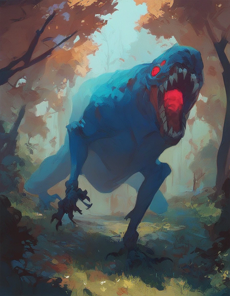 execun, solo, open mouth, red eyes, full body, outdoors, teeth, tree, no humans, grass, sharp teeth, nature, forest, monster, blue ghost, claws