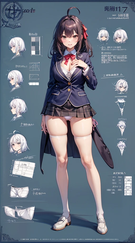 girl, alone, whole body, From head to toe, Are standing, (Huge_chest:1.3),
Character design sheet, Character Reference Sheet, 設計図のSchematic, Drafting, Blueprint, Schematic,
((Character design sheet:1.7, Character Reference Sheet:1.7,)),
anime/cartoon character wearing a girls , 1girl, alone, Thigh-high socks, blazer burezaa (blazer), Ahoge, Long Hair, bow, , shoes, loafers, ribbon, (Very short skirt:1.4), (panties:1.5),, (Good:1.7),(In underwear:1.8),nsfw,Full nudity、