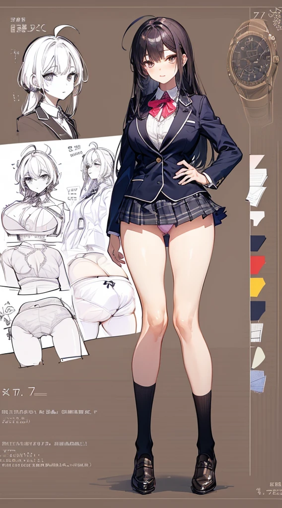 girl, alone, whole body, From head to toe, Are standing, (Huge_chest:1.3),

Character design sheet, Character Reference Sheet, 設計図のSchematic, Drafting, Blueprint, Schematic,
((Character design sheet:1.7, Character Reference Sheet:1.7,)),

anime/cartoon character wearing a girls , 1girl, alone, Thigh-high socks, blazer burezaa (blazer), Ahoge, Long Hair, bow, , shoes, loafers, ribbon, (Very short skirt:1.4), (panties:1.5),, (Good:1.7),(In underwear:1.8),nsfw,Full nudity、