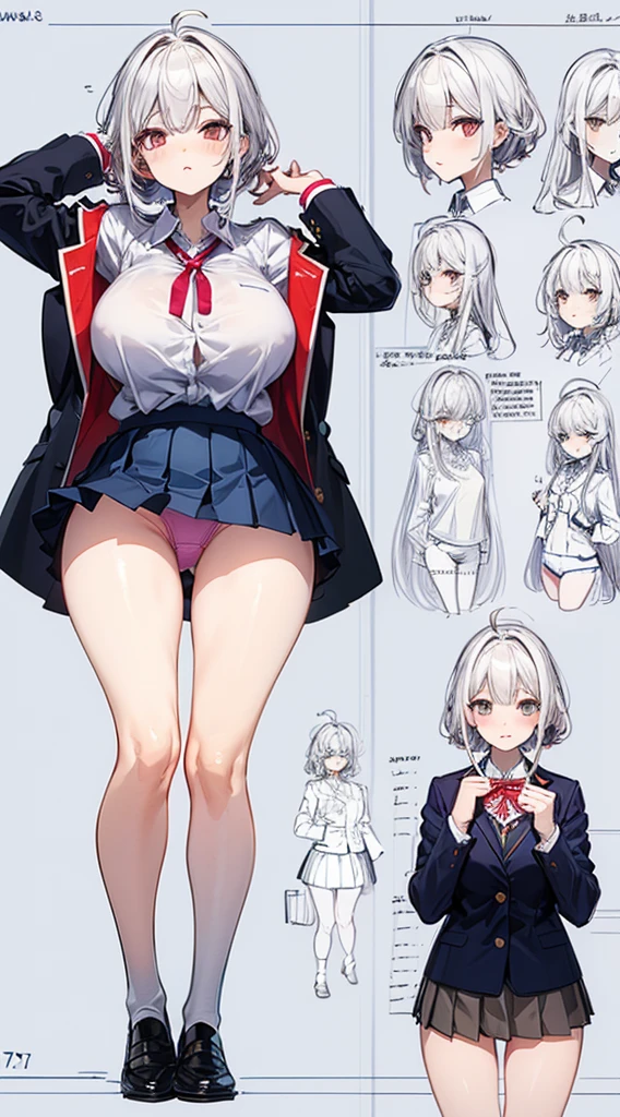 girl, alone, whole body, From head to toe, Are standing, (Huge_chest:1.3),
Character design sheet, Character Reference Sheet, 設計図のSchematic, Drafting, Blueprint, Schematic,
((Character design sheet:1.7, Character Reference Sheet:1.7,)),
anime/cartoon character wearing a girls , 1girl, alone, Thigh-high socks, blazer burezaa (blazer), Ahoge, Long Hair, bow, , shoes, loafers, ribbon, (Very short skirt:1.4), (panties:1.5),, (Good:1.7),(In underwear:1.8),nsfw,Full nudity、