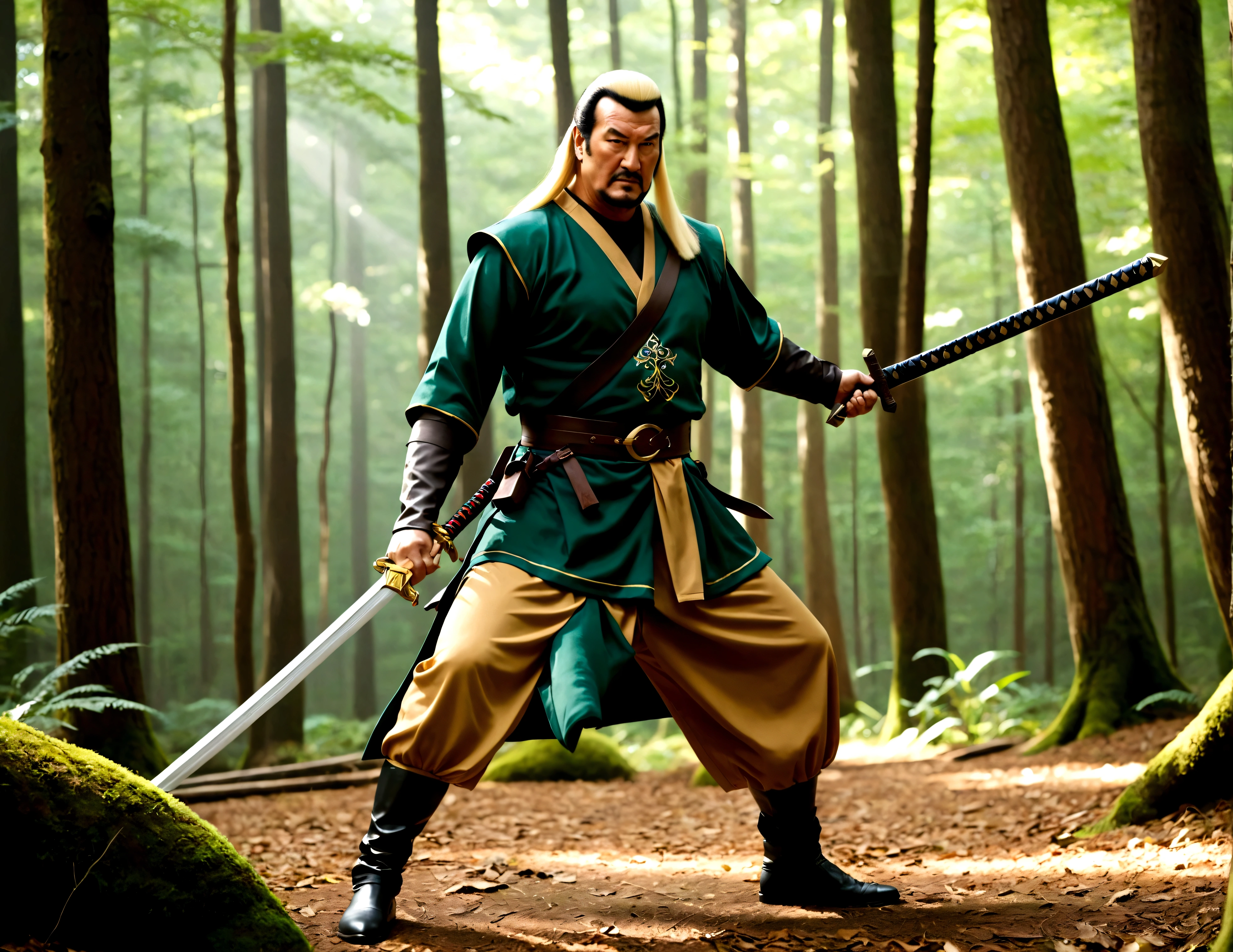 Steven Seagal (current, modern) in the role of Link (Link costume, blonde wig over black hair, wooden sword at side), akido pose, forest