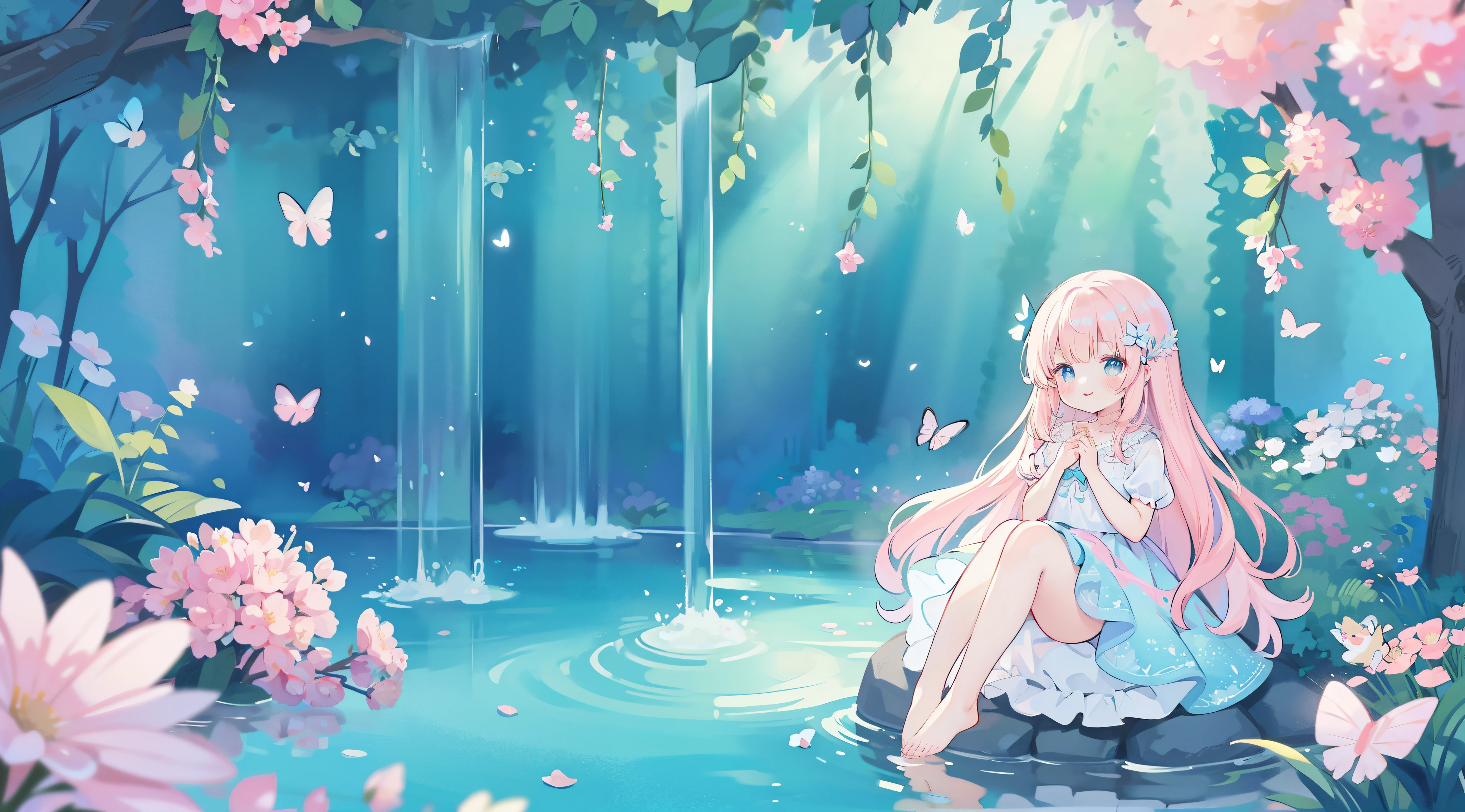 picture book illustration, watercolor storybook illustration, vibrant pastel colors, dreamy, colorful, whimsical, magical, masterpiece, best quality, sharp focus, intricately detailed environment, fine detail, 8k resolution, waterfall lagoon, (magical lagoon), (waterfall, lake), (glowing butterflies), beautiful, golden ratio, perfect composition, perfect,Symmetrical up and down,Daughter,princess dress with petal skirt,Full body,flowers bloom,(Very detailed:1.1),masterpiece,Super fine,best quality,8K,(best quality,4k,8k,highres,masterpiece:1.2),1girl,(minigirl sitting on top of a giant flower),smiling on_flower,ultra-detailed,delicate,pastel color palette,ethereal atmosphere,peaceful,serene,vividly colored blossoms,transcendent beauty,awe-inspiring artwork,face focus,anime illustration