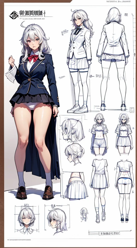 girl, alone, whole body, From head to toe, Are standing, (Huge_chest:1.3),
Character design sheet, Character Reference Sheet, 設計図のSchematic, Drafting, Blueprint, Schematic,
((Character design sheet:1.7, Character Reference Sheet:1.7,)),
anime/cartoon character wearing a girls , 1girl, alone, Thigh-high socks, blazer burezaa (blazer), Ahoge, Long Hair, bow, , shoes, loafers, ribbon, (Very short skirt:1.4), (panties:1.5),, (Good:1.7),(In underwear:1.8),nsfw,Full nudity、