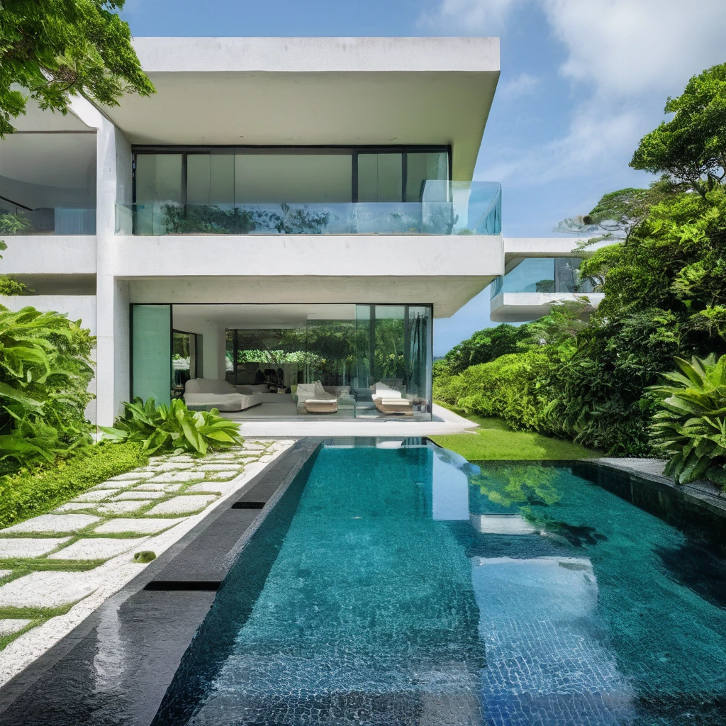 A wide angle shot shows the front view of a contemporary two-story villa with white walls and glass windows, design by Tadao ando,surrounded by lush greenery. It features an outdoor pool area overlooking the ocean at natural light. Stone pathways lead to multiple pools within the yard, adorned with vibrant tropical plants,architecture photography award, iwan baan, Taken on a Canon EOS R5 using a Canon RF 24-70mm f/2.8L IS USM lens at an F3.2 aperture setting in the style of Canon --ar 16:9 --c 5 --s 50 --v 6.0