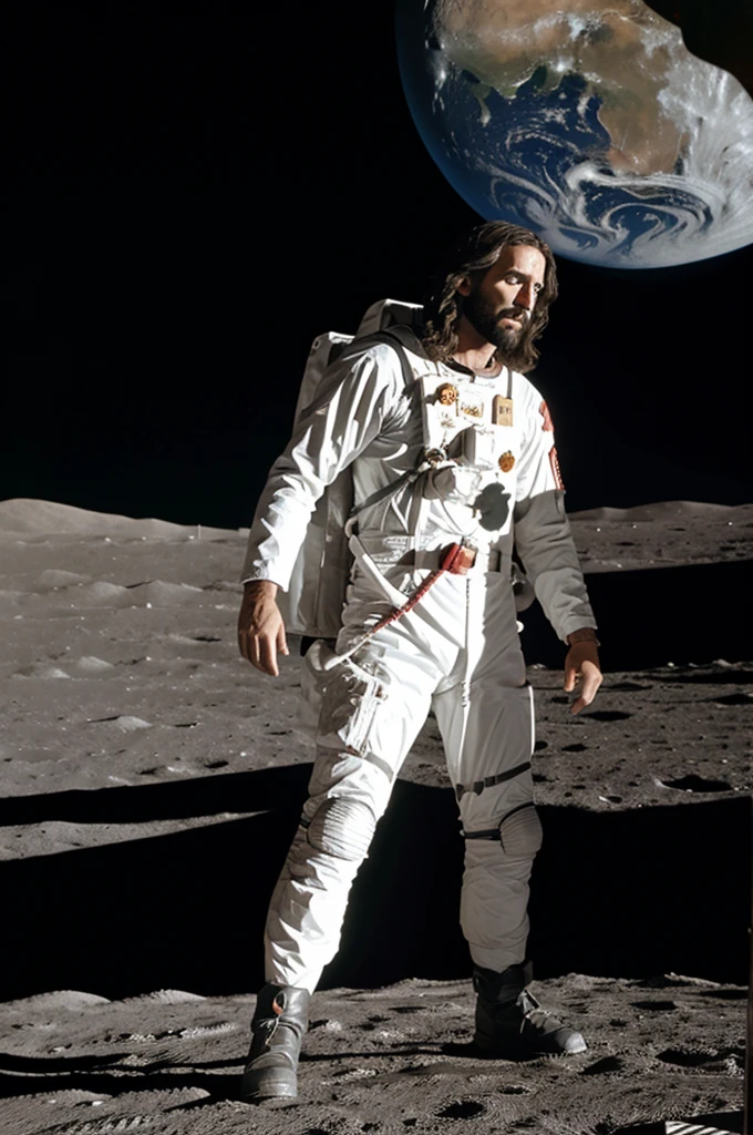 Jesus and a standing on the moon looking at the face of the earth
