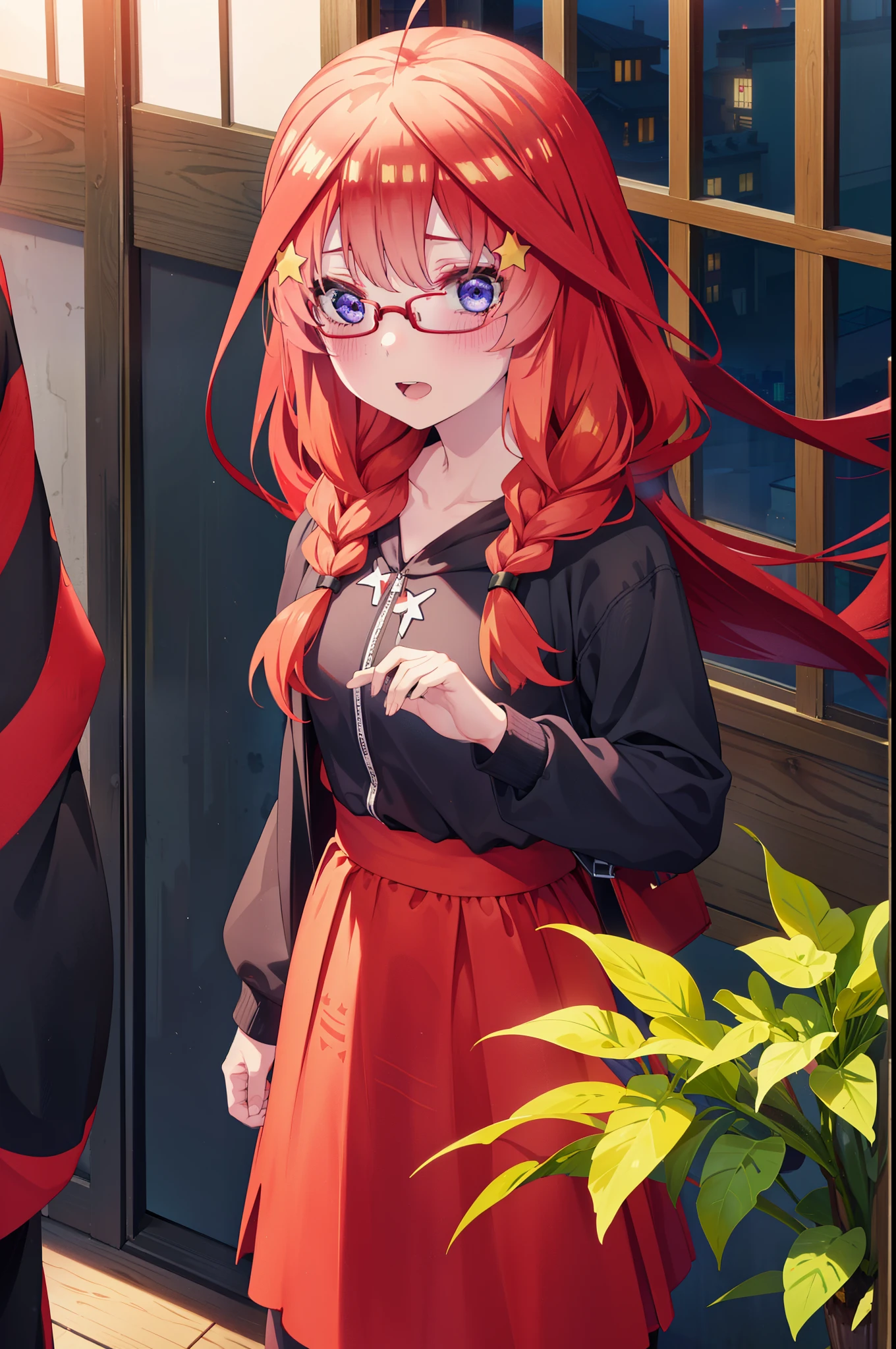 itsukinakano, itsuki nakano, bangs, blue eyes, Hair between the eyes, Ahoge, Redhead, star \(symbol\), hair ornaments, star hair ornaments,smile,blush,Open your mouth,Long braids,Red-rimmed glasses,Oversized red hoodie and long skirt,Black pantyhose,boots,Hiding in a roofed building,Standing with one's back against a roofed wall,rain,night,whole bodyがイラストに入るように,
break indoors, Alley,
break looking at viewer, whole body,
break (masterpiece:1.2), Highest quality, High resolution, unity 8k wallpaper, (figure:0.8), (Beautiful attention to detail:1.6), Highly detailed face, Perfect lighting, Highly detailed CG, (Perfect hands, Perfect Anatomy),
