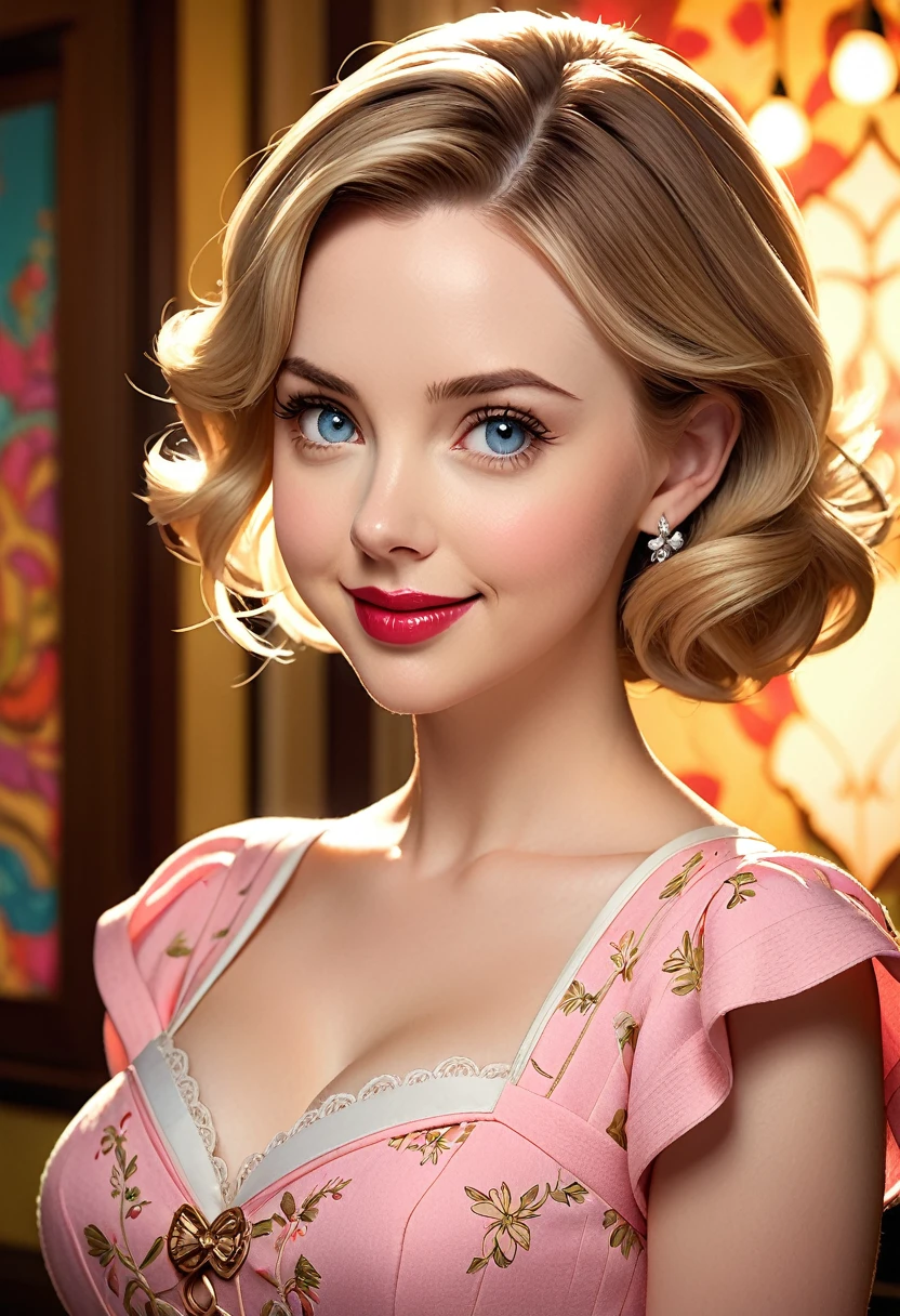 50s house wife. Wide angle.. featuring warm lighting and shadows. should be of the highest quality, a masterpiece with intricate details. She should have luscious lips, a wide smile, and bright, expressive eyes, exuding beauty, cuteness, and adorableness. Ensure the image is high resolution and sharply detailed, with a detailed and vibrant background. Scarlett Johanson, Alison Brie, Dove Cameron Incorporate mystical lighting in the background, creating a romantic and enchanting atmosphere.

