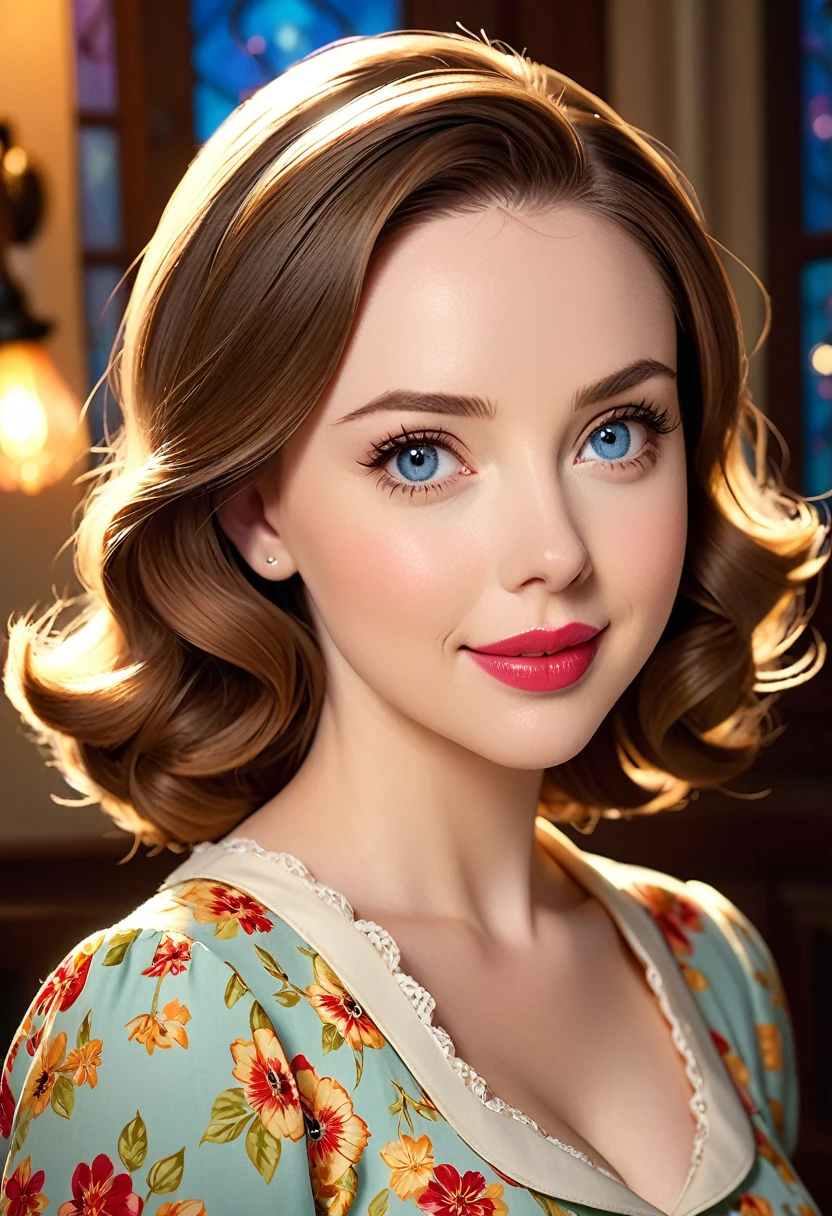50s house wife. Wide angle.. featuring warm lighting and shadows. should be of the highest quality, a masterpiece with intricate details. She should have luscious lips, a wide smile, and bright, expressive eyes, exuding beauty, cuteness, and adorableness. Ensure the image is high resolution and sharply detailed, with a detailed and vibrant background. Scarlett Johanson, Alison Brie, Dove Cameron Incorporate mystical lighting in the background, creating a romantic and enchanting atmosphere.
