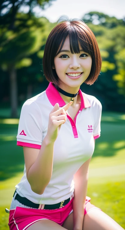 (A Gorgeous American-Chinese Lady, age 28, Tight Thin White Polo-Shirt & Pink shorts, BlackPink Choker, random pose at a golf course, dimpled smile, short_bob_hair_side_bangs, cute snaggletooth, well-endowed round bosom, photorealistic, beautiful detailed eyes, hyper-realism, high contrast, ultra HD, realistic skin textures, top image quality, top-quality, super high resolution, fine details, very meticulously, head_to_knees, High_Angle_Shot, bokeh background)