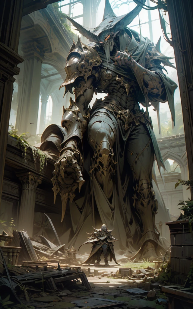 high fantasy aesthetics, highest quality, a dark and moody fantasy illustration of a goliath iron Golem on a palace hidden beneath the rubble of an abandoned city with secret passages and hidden rooms, featuring crumbling ruins and overgrown streets, high quality, highly detailed, 4k, 8k, earth giant, shining eyes, colorful body, Stromatoporoidea