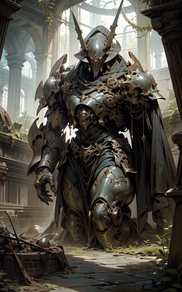 high fantasy aesthetics, highest quality, a dark and moody fantasy illustration of a goliath iron Golem on a palace hidden beneath the rubble of an abandoned city with secret passages and hidden rooms, featuring crumbling ruins and overgrown streets, high quality, highly detailed, 4k, 8k, earth giant, shining eyes, colorful body, Stromatoporoidea