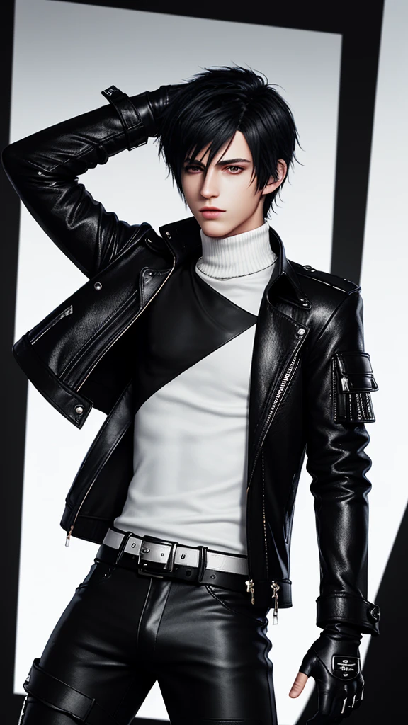 Final fantasy taste and reality graphics, Japanese young cute and cool ikemen  boy, his age is early 20s, thin eyebrows and beady eyes,  he wearing off white color leather  thick material jacket, jacket is singlebrest, biker style jacket, with epaulet, jacket is long sleeve, must close the front of the leather jacket, , jacket is voluminous, ,must jacket is high length and stand-up collar with two belts, must front zip up of leather jacket, jacket is a little black color line pattern,close the front of the jacket, also wearing black thick material turtleneck lackluster shirts,  tight black leather pants, shiny black leather tight and thin glove, black leather knee-high raceup boots,must views  head-to-toe,must views whole body, boy looks like fashion model,Do not show skin from the neck down,leather jacket leather glove and leather pants have few wrinkles,boy in the room,Avoid showing your innerwear
