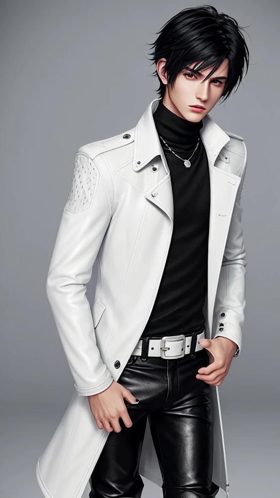 Final fantasy taste and reality graphics, Japanese young cute and cool ikemen boy, his age is early 20s, thin eyebrows and beady eyes, he wearing off white color leather thick material jacket, jacket is singlebrest, biker style jacket, with epaulet, jacket is long sleeve, must close the front of the leather jacket, , jacket is voluminous, ,must jacket is high length and stand-up collar with two belts, must front zip up of leather jacket, jacket is a little black color line pattern,close the front of the jacket, also wearing black thick material turtleneck lackluster shirts, tight black leather pants, shiny black leather tight and thin glove, black leather knee-high raceup boots,must views head-to-toe,must views whole body, boy looks like fashion model,Do not show skin from the neck down,leather jacket leather glove and leather pants have few wrinkles,boy in the room,Avoid showing your innerwear