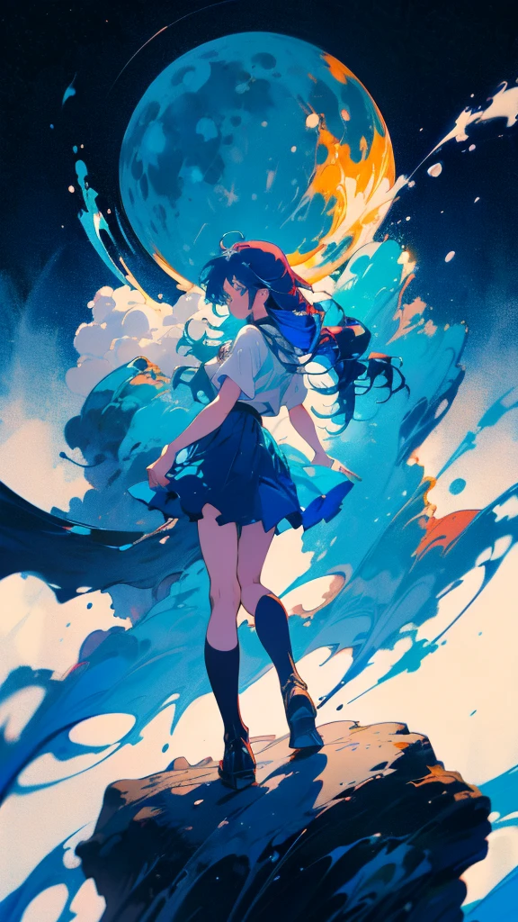 Blue-haired long hair,Design clothing,Seven-doppelganger shot,Anime style 4K,Anime girl with teal hair,High quality anime art style,Standing painting,Splash ink background,Blue Themes、Pure white background,Buildings,Face close-up,Buildings,Moon and sun、Long legs