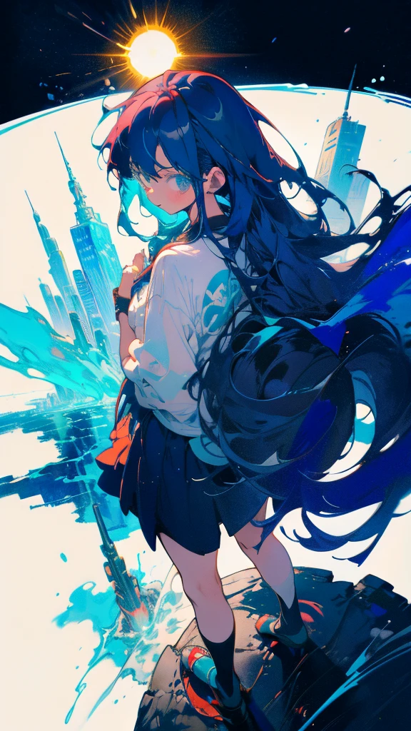 Blue-haired long hair,Design clothing,Seven-doppelganger shot,Anime style 4K,Anime girl with teal hair,High quality anime art style,Standing painting,Splash ink background,Blue Themes、Pure white background,Buildings,Face close-up,Buildings,Moon and sun、Long legs