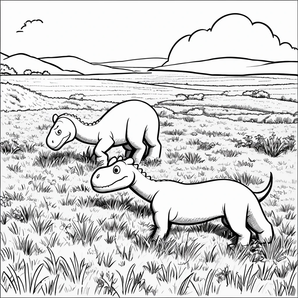 Drawling, simple drawling,dinosour,animated,white,no color,on a field,cartoon,for kids