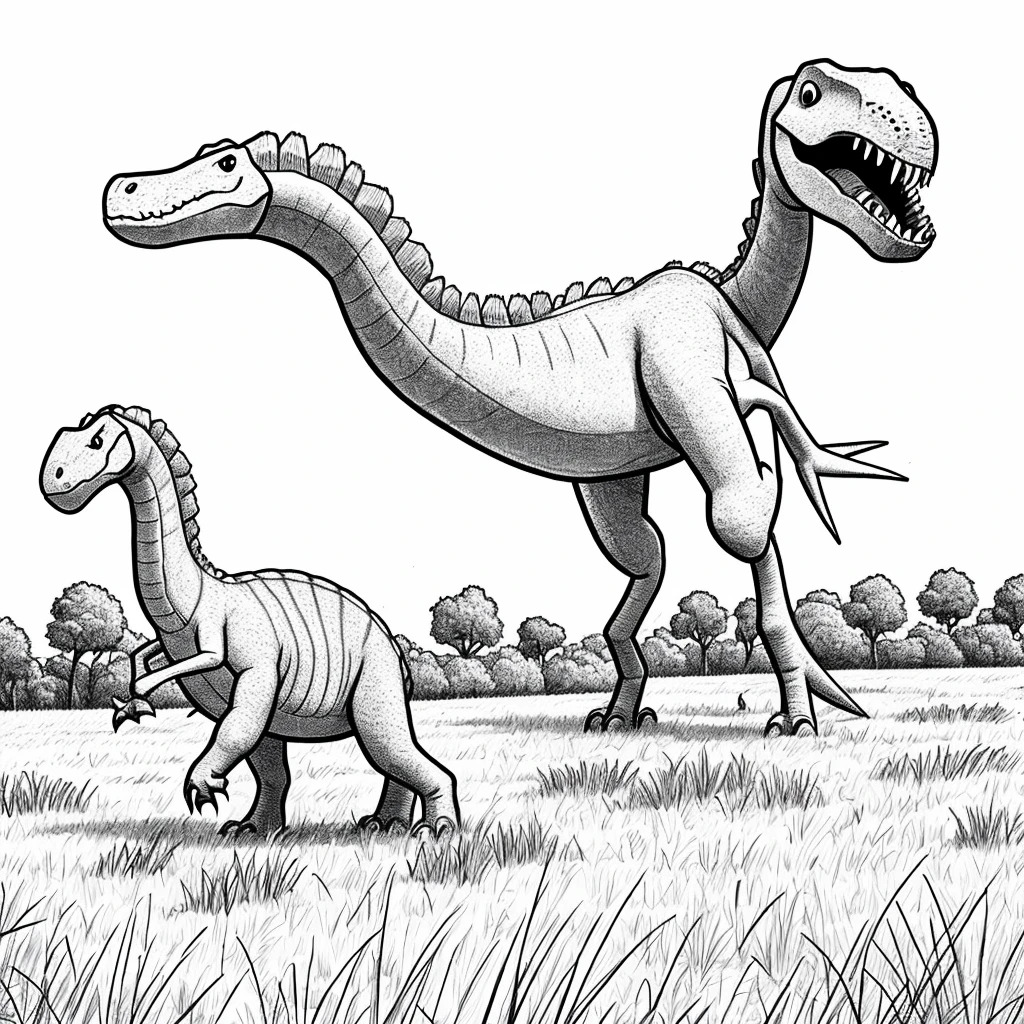 Drawling, simple drawling,dinosour,animated,white,no color,on a field,cartoon,for kids