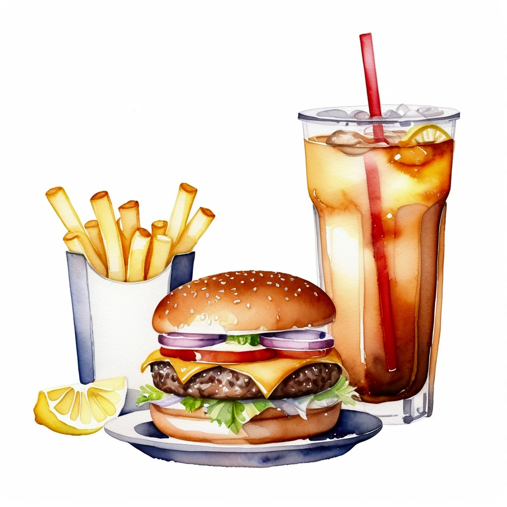 there is big and tall delicious hamburger with cheese, a lot of french fries, and a glass of ice lemon tea, (watercolor), illustration, isolated with solid white background, surrounded with negative space, centered compositon, 8k, highly detailed painting,