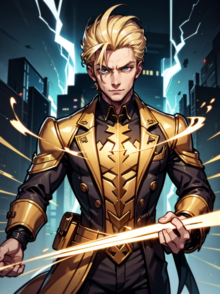A man，Blonde hair，lightning，Standing，hapiness，agility，Handsome，Cool，Gold coat，domineering，HD