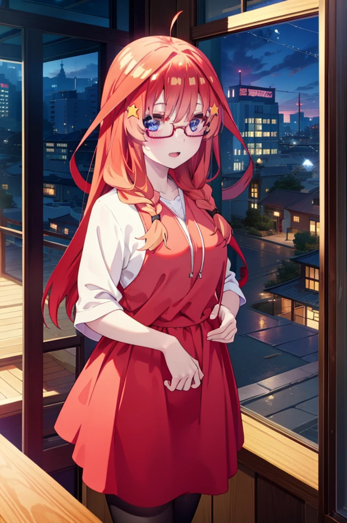 itsukinakano, itsuki nakano, bangs, blue eyes, Hair between the eyes, Ahoge, Redhead, star \(symbol\), hair ornaments, star hair ornaments,smile,blush,Open your mouth,Long braids,Red-rimmed glasses,Oversized red hoodie and long skirt,Black pantyhose,boots,Hiding in a roofed building,Standing with one's back against a wall,Daytime,Clear skies,whole bodyがイラストに入るように,
break outdoors, Alley,
break looking at viewer, whole body,
break (masterpiece:1.2), Highest quality, High resolution, unity 8k wallpaper, (figure:0.8), (Beautiful attention to detail:1.6), Highly detailed face, Perfect lighting, Highly detailed CG, (Perfect hands, Perfect Anatomy),