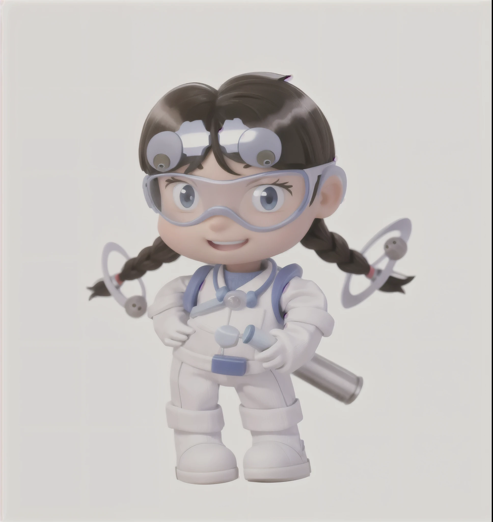 Cute little girl wearing white scientist suit with science tools in hand and safety goggles, eyes, simple, full body, character design, Pixar and Disney, as a high, 3d, background