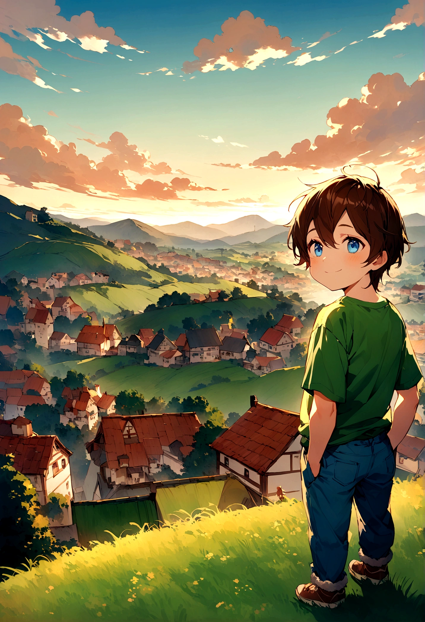 Jack is an eight-year-old boy with tousled brown hair and bright blue eyes. He wears worn-out blue jeans, a bright green t-shirt and sturdy brown sneakers.Jack is standing at a high point overlooking a picturesque village. From this vantage point, he can see rooftops, winding streets, and the peaceful countryside beyond. The village is nestled amidst rolling hills and surrounded by lush greenery. Jack's face shows a mix of awe and curiosity as he takes in the view, his eyes wide with wonder. The sky above is clear and blue, with a few fluffy clouds drifting lazily. Jack's posture is relaxed, with his hands in his pockets and a small smile on his face, enjoying the tranquility and beauty of the scene before him.