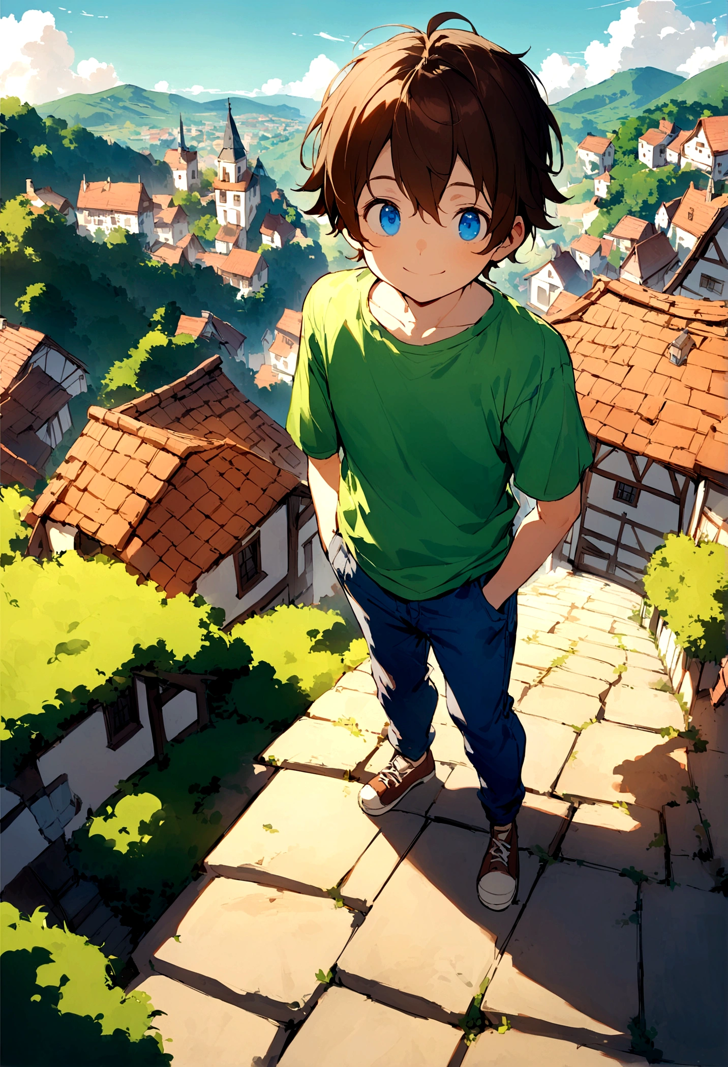Jack is an eight-year-old boy with tousled brown hair and bright blue eyes. He wears worn-out blue jeans, a bright green t-shirt and sturdy brown sneakers.Jack is standing at a high point overlooking a picturesque village. From this vantage point, he can see rooftops, winding streets, and the peaceful countryside beyond. The village is nestled amidst rolling hills and surrounded by lush greenery. Jack's face shows a mix of awe and curiosity as he takes in the view, his eyes wide with wonder. The sky above is clear and blue, with a few fluffy clouds drifting lazily. Jack's posture is relaxed, with his hands in his pockets and a small smile on his face, enjoying the tranquility and beauty of the scene before him.